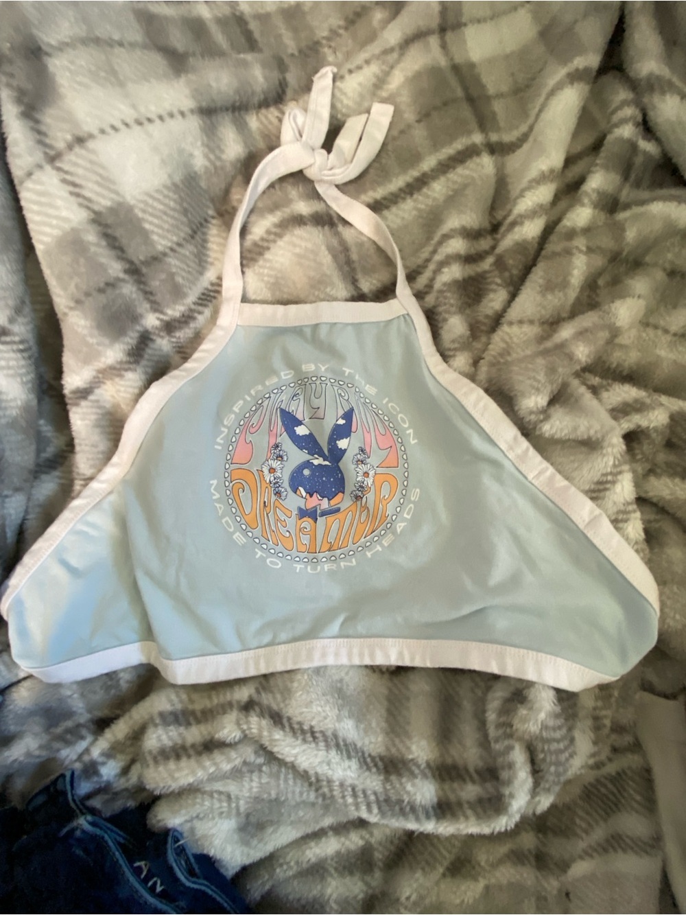 Playboy Light Blue Halter Crop Top with Psychedelic Bunny Graphic